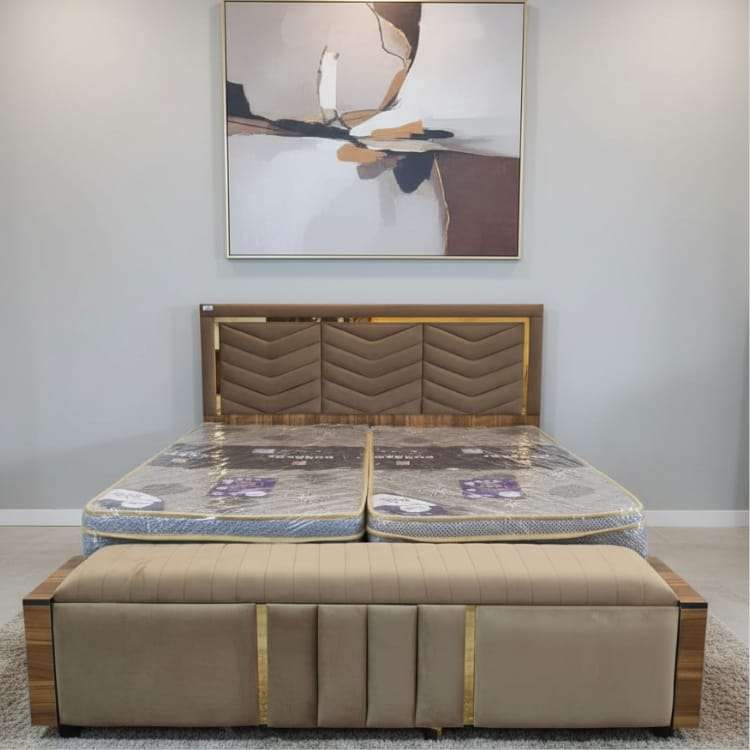 Coffee Luxury King Size Bed with Designer Headboard and Storage